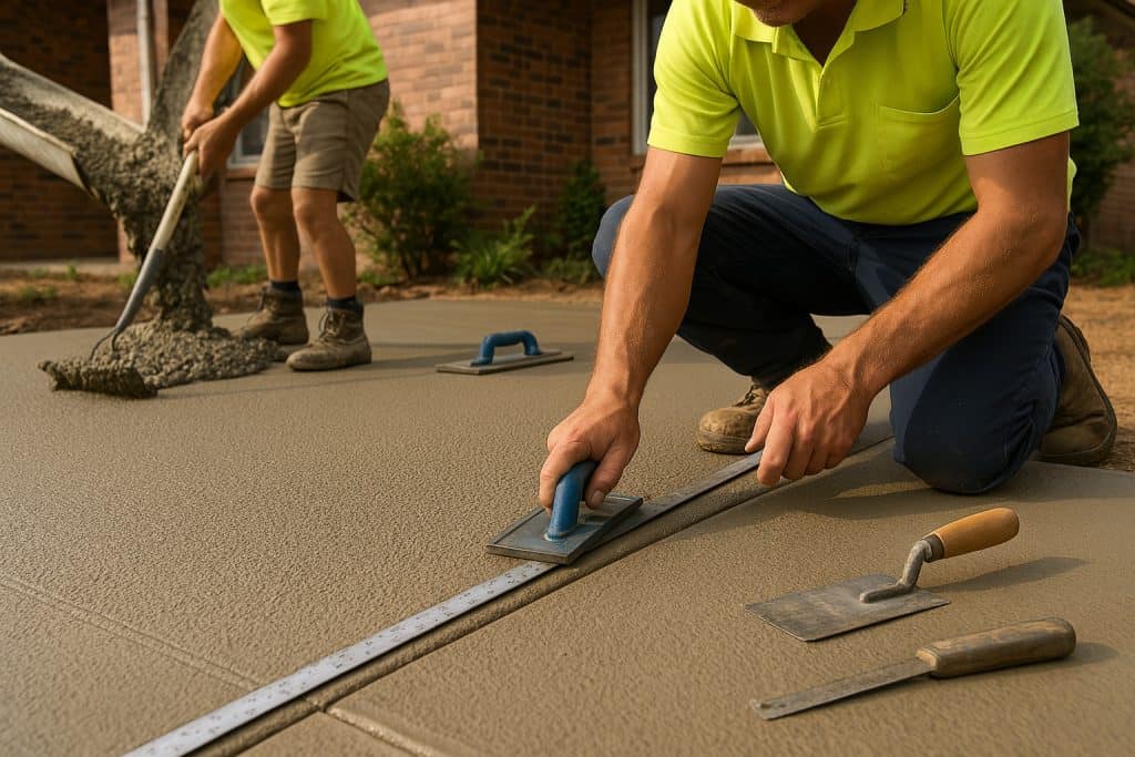 Professional concreters installing control joints in a Queanbeyan patio