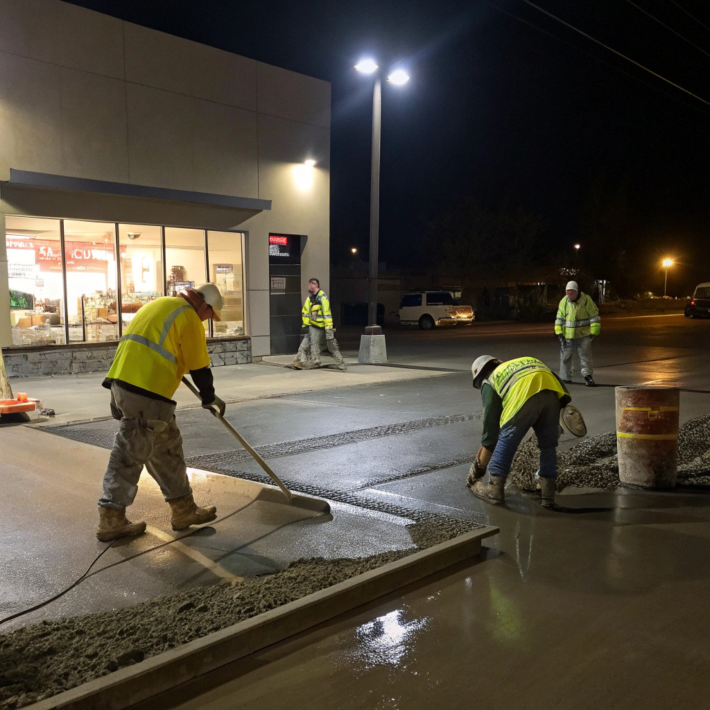 After-hours concrete installation work underway on site