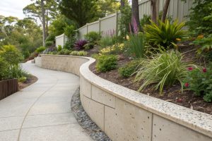 Curved decorative concrete retaining wall with an exposed finish