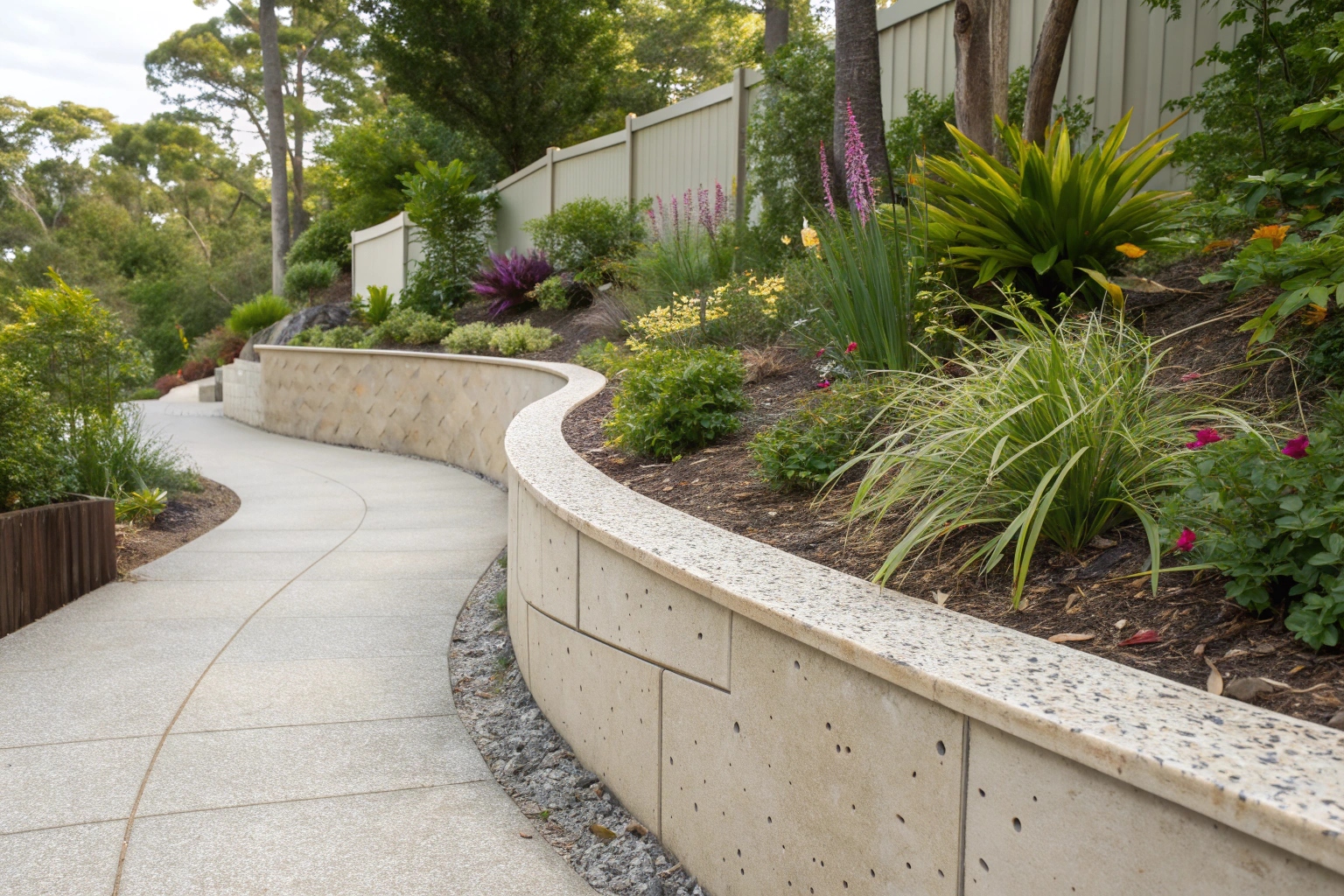 Curved decorative concrete retaining wall with garden edging