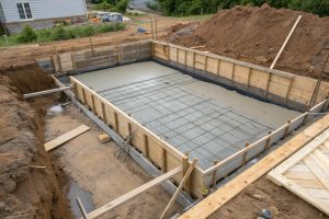 Aerial view of a freshly poured concrete house foundation slab