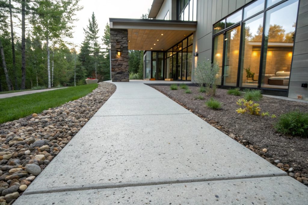 Clean exposed aggregate concrete walkway leading to a home entrance.