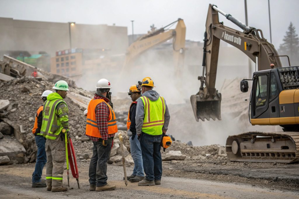 Construction workers in high-visibility safety gear on a concrete job site