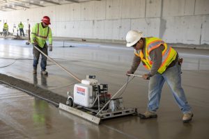 Construction workers using laser screed equipment to level concrete