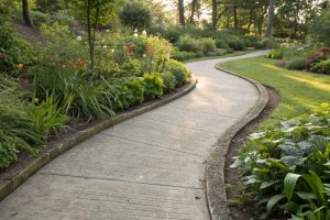 Curved concrete garden walkway winding through established landscaping