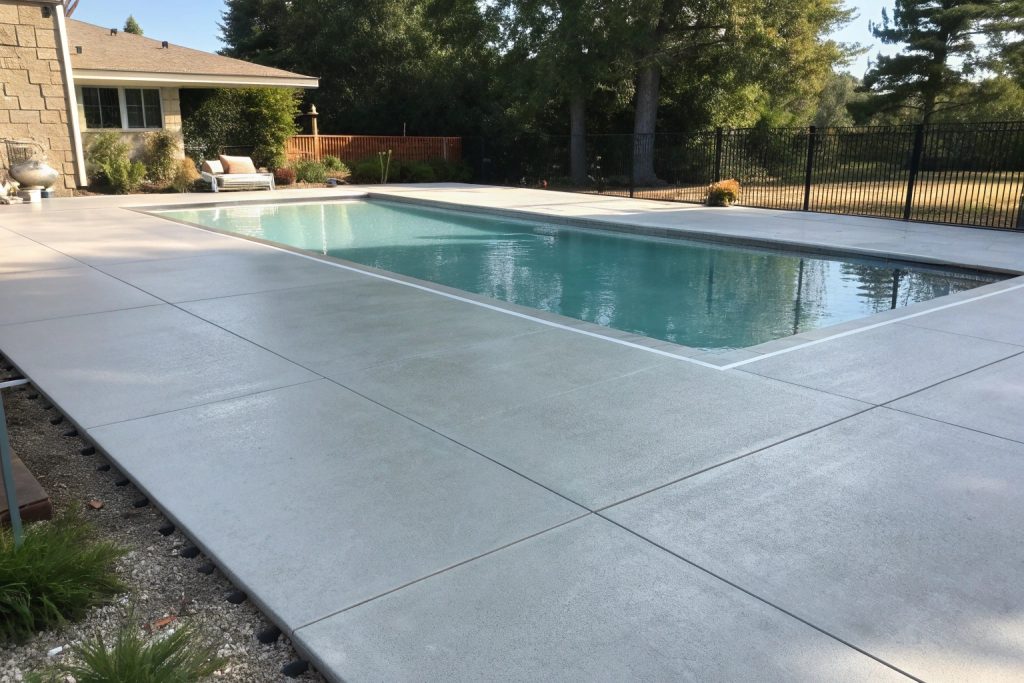 Fresh concrete pool surround with a smooth finish.