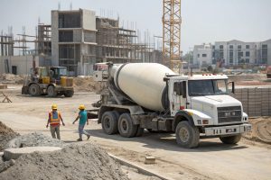 Concrete mixer truck at a commercial concrete pour in Canberra