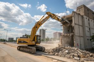 Large yellow excavator with a demolition attachment on a construction site