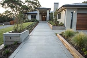 Modern concrete entrance pathway leading to a contemporary home