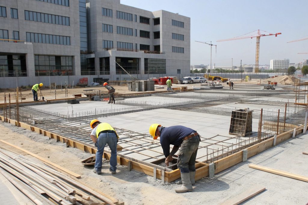 Workers laying reinforced steel mesh for a building foundation at a commercial construction site