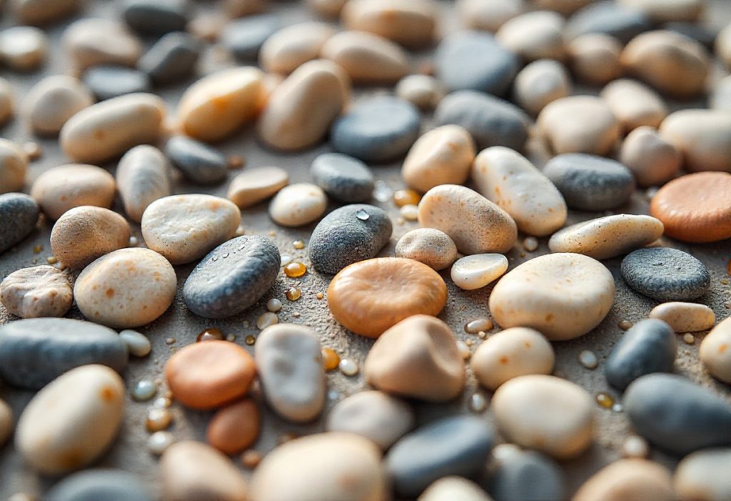 Extreme close-up of an exposed aggregate concrete surface showing various sized natural stones