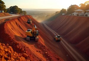 Large-scale excavation project with multiple excavators on a terraced hillside