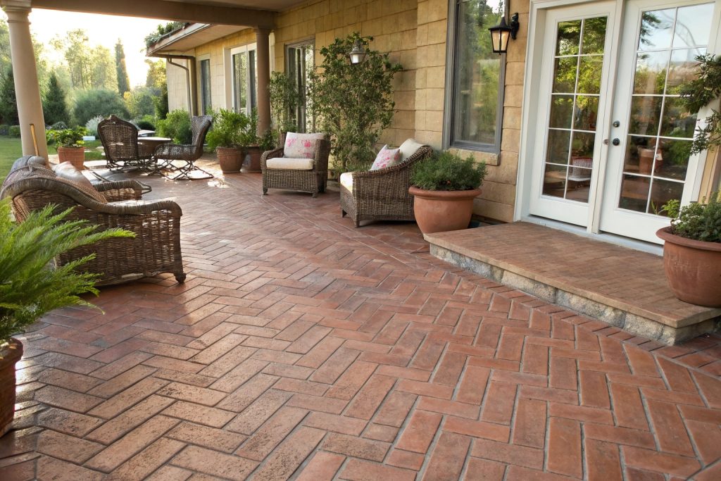An inviting outdoor patio area with a stamped concrete finish